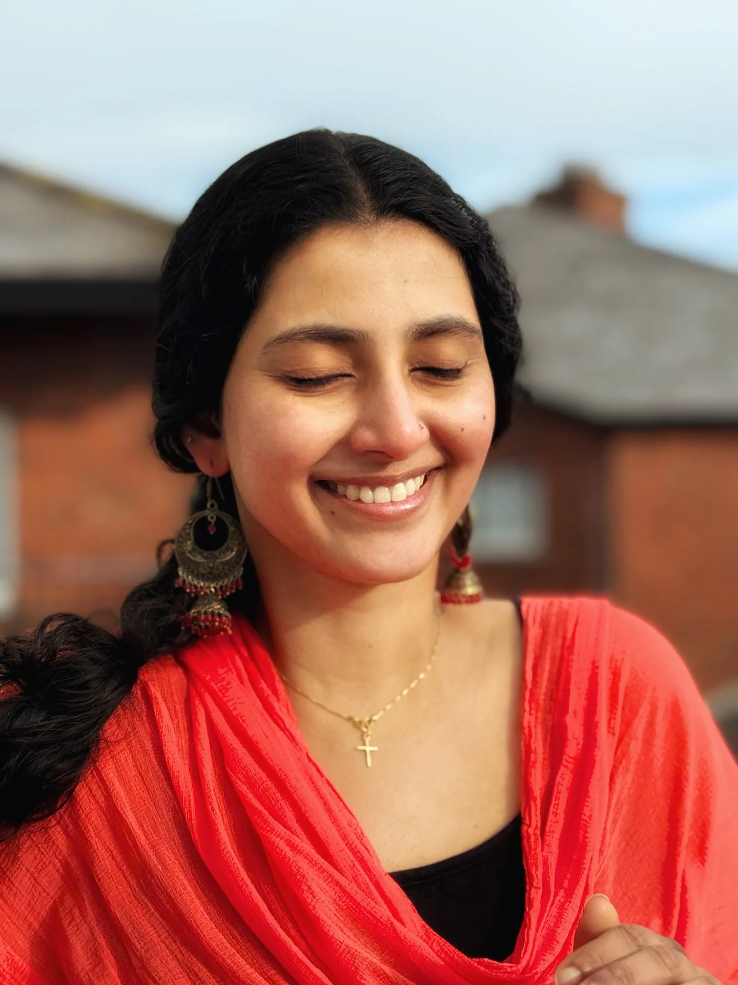 Photo by Aleena Mariya Sebastian on February 17, 2026. May be an image of one or more people, people smiling, jewelry, shawl and text.