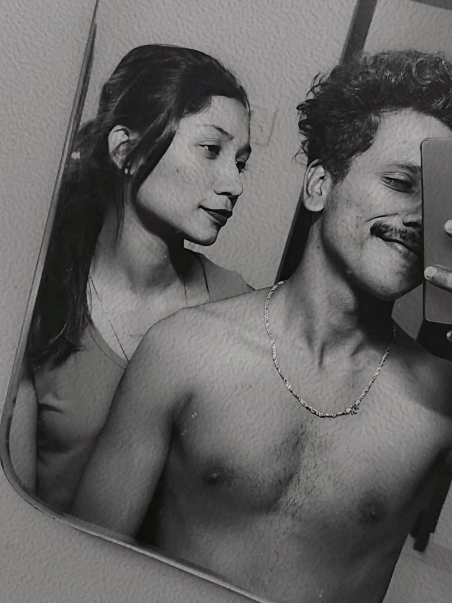 Photo shared by Jyothi🎀 on February 15, 2026 tagging @_g_u_p_p_y. May be a black-and-white image of one or more people, hair, mirror and text.