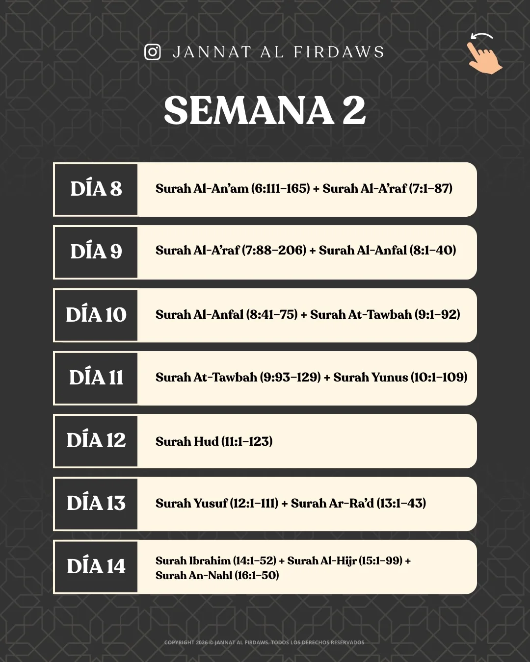 Photo by Rania Madani on February 18, 2026. May be a meme of calendar, crossword puzzle, poster and text that says 'JANNAT AL FIRDAWS SEMANA 2 DÍA8 Surah SurahAl-An'am 1-An'am (6:111-165)+ SurahAl-A'raf(7:1-87) Surah DÍA Surah SurahAl-Arar(7:88-206). Al-A'raf Surah Al-Anfal (8:1-40) DIA10 Surah -Anfal (8:41 （8:41-75)+ Surah rahAt-Tawbah (9:1-92) DÍA11 Surah At- Tawbah (9:93- Surah Yunus (10:1-109) DIA12 Surah Hud (11:1-123 (11:1- DÍA13 Surah Yusuf (12፡1-111) Surah Ar- Ar-Ra'd （13：1-43） DÍA14 Surah Ibrahim （14：1-52） Surah SurahAl-Hijr(15:1-99)+ Al- Al-Hijr (15:1-99)+ Surah An- An-Nahl （16：1-50） @meta..e.a..'.