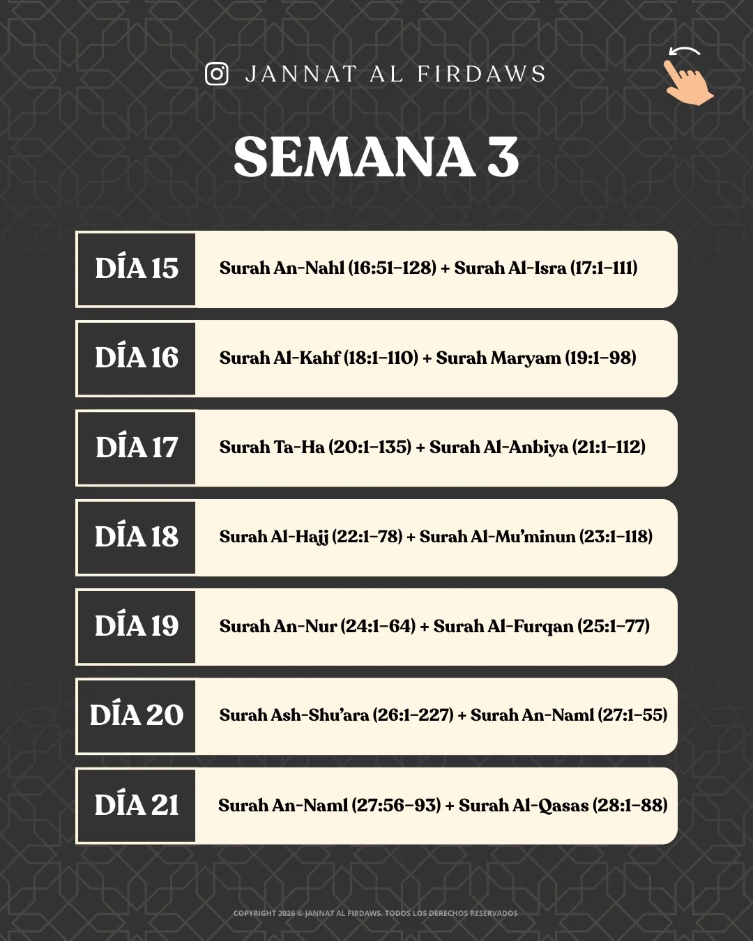 Photo by Rania Madani on February 18, 2026. May be an image of crossword puzzle, calendar, poster and text that says 'JANNAT AL FIRDAWS SEMANA 3 DÍA15 Surah An- Nahl (16:51-128) (16:51 Surah AI- A1-Isra (17:1-111) DÍA16 Surah Al- -Kahf (18:1-110) (18:1- -110) Surah Maryam (19:1-98) DÍA17 Surah Ta-Ha (20:1-135) SurahAl-Anbiya Surah （21：1-112） DÍA 18 Surah Al-Haji (22:1-78) SurahAl-Mu'minun Mu A1- (23：1-118） DÍA19 Surah An-Nur (24:1-64) Surah SurahAl-Furqan Al-I Furqan (25:1-77) DÍA 20 Surah Ash-Shu'ara Ash- （26：1-227） Surah An-Naml (27:1-55) DÍA21 Surah An-Naml (27:56-93) SurahAI-Qasas Surah Lasas (28:1-88) cm/rTM/A.'.