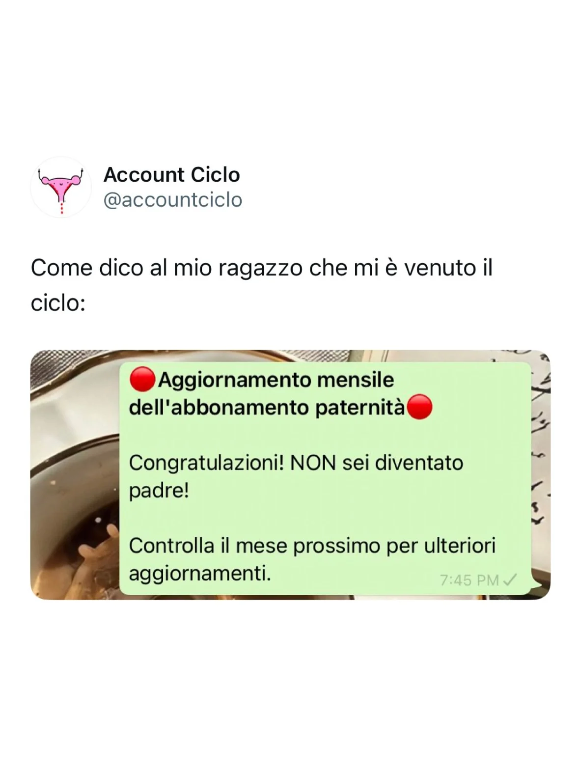 Photo by Sally Saccarola🩸 on February 17, 2026. May be a Twitter screenshot of pie, bread and text that says 'Account Ciclo @accountciclo Come dico al mio ragazzo che mi è venuto il ciclo: Aggiornamento mensile dell ell'abbonamento paternità Congratulazioni! NON sei diventato padre! Controlla il mese prossimo per ulteriori aggiornamenti. 7:45 PM'.