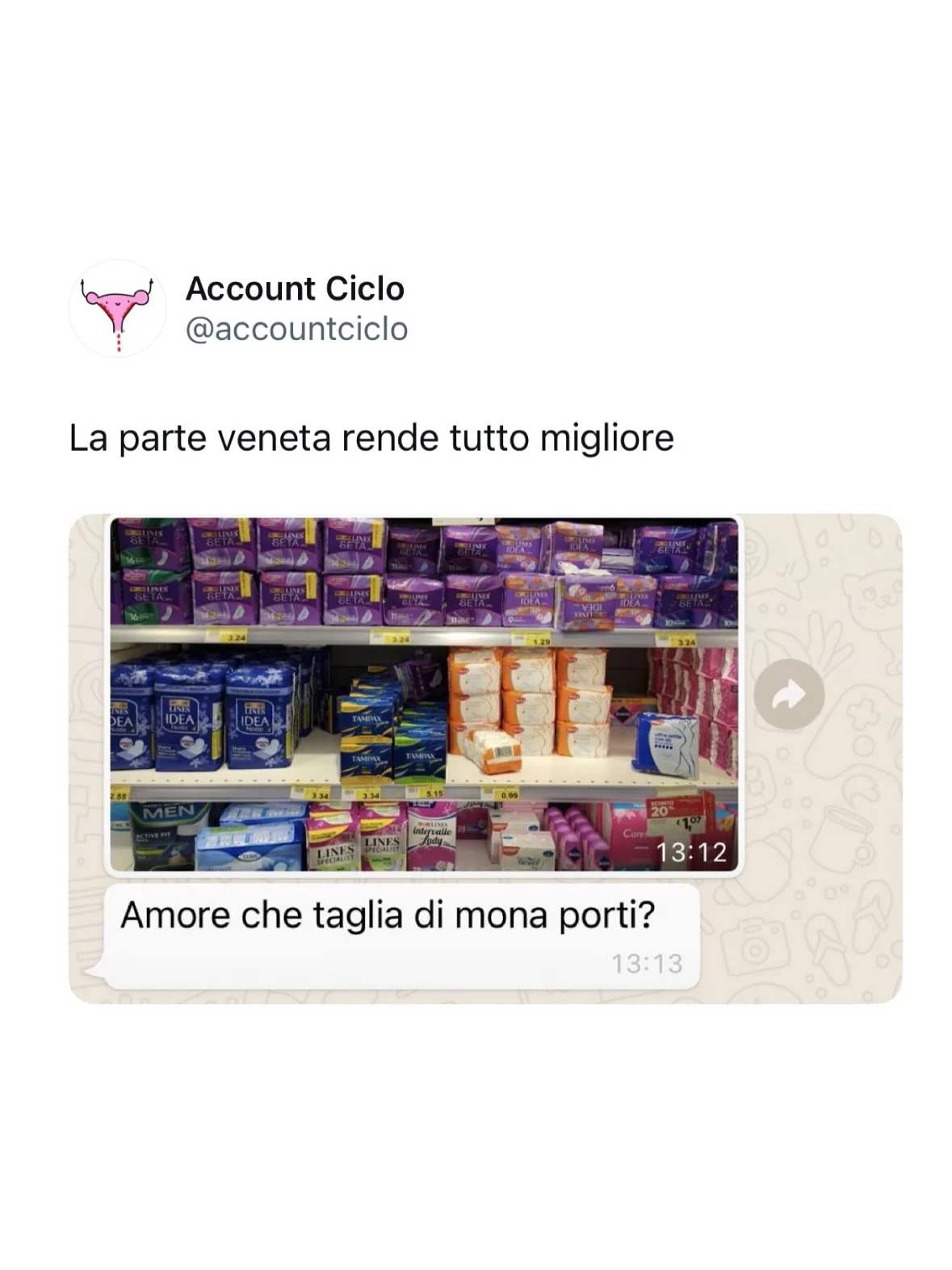 Photo by Sally Saccarola🩸 on February 17, 2026. May be an image of medicine, wafer, pie and text that says 'Account Ciclo @accountciclo La parte veneta rende tutto migliore คอลรน TMиu 保級 . 13:12 Amore che taglia di mona porti? 13:13'.
