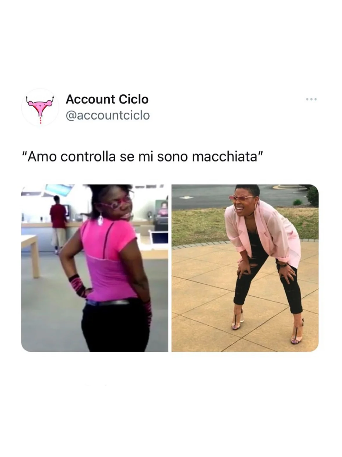Photo by Sally Saccarola🩸 on February 19, 2026. May be a meme of one or more people, people smiling, activewear and text that says 'Account Ciclo @accountciclo "Amo controlla se mi sono macchiata"'.