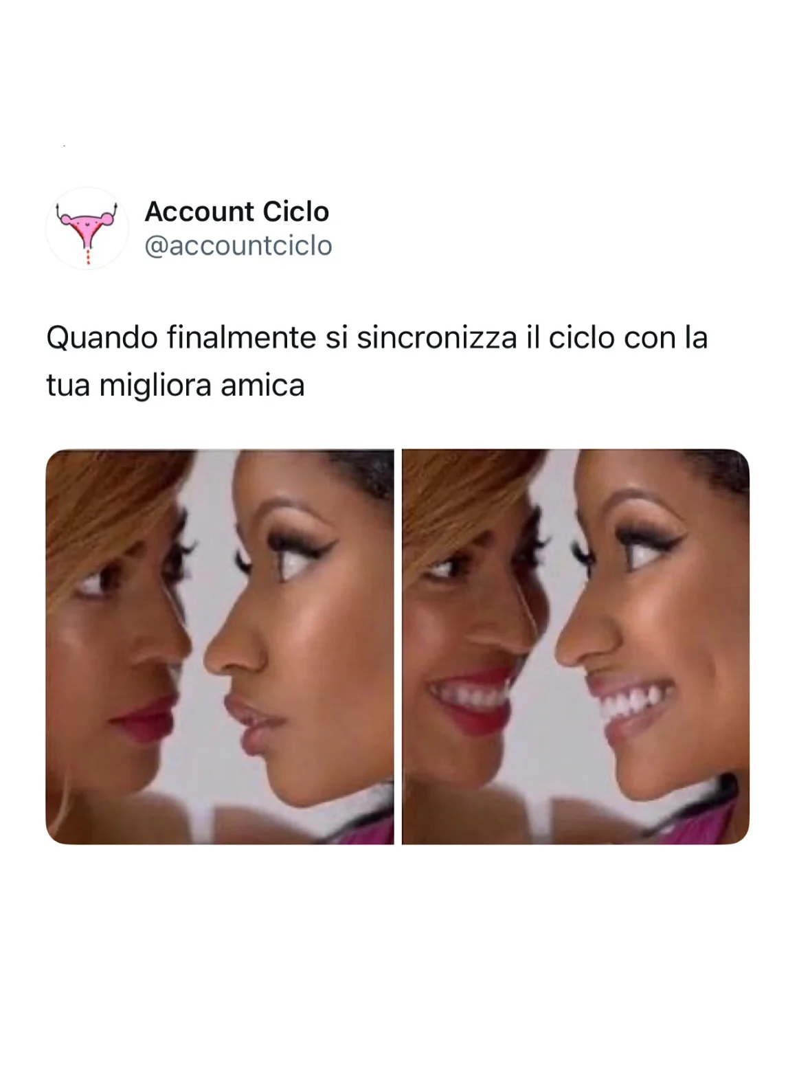 Photo by Sally Saccarola🩸 on February 19, 2026. May be a meme of one or more people, lipstick, makeup and text that says 'Account Ciclo @accountciclo Quando finalmente si sincronizza il ciclo con la tua migliora amica'.