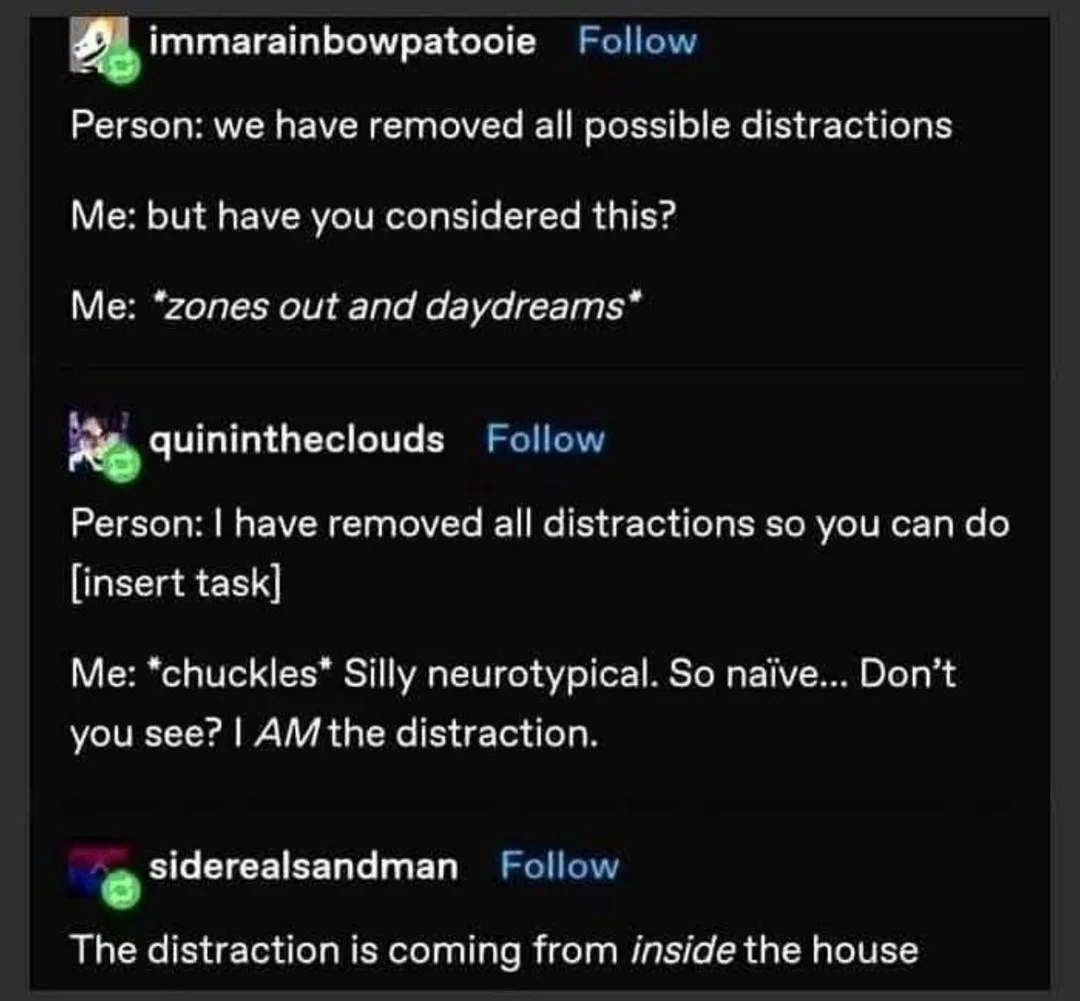 Photo by Official ADHD Memes on February 16, 2026. May be a Twitter screenshot of text that says 'immarainbowpatooie Follow Person: we have removed all possible distractions Me: but have you considered this? Me: *zones out and daydreams* quinintheclouds Follow Person: [insert task] have removed all distractions so you can do e: *chuckles* Silly neurotypical. So naïve... Don't you see? AM the distraction. siderealsandman Follow The distraction is coming from inside the house'.