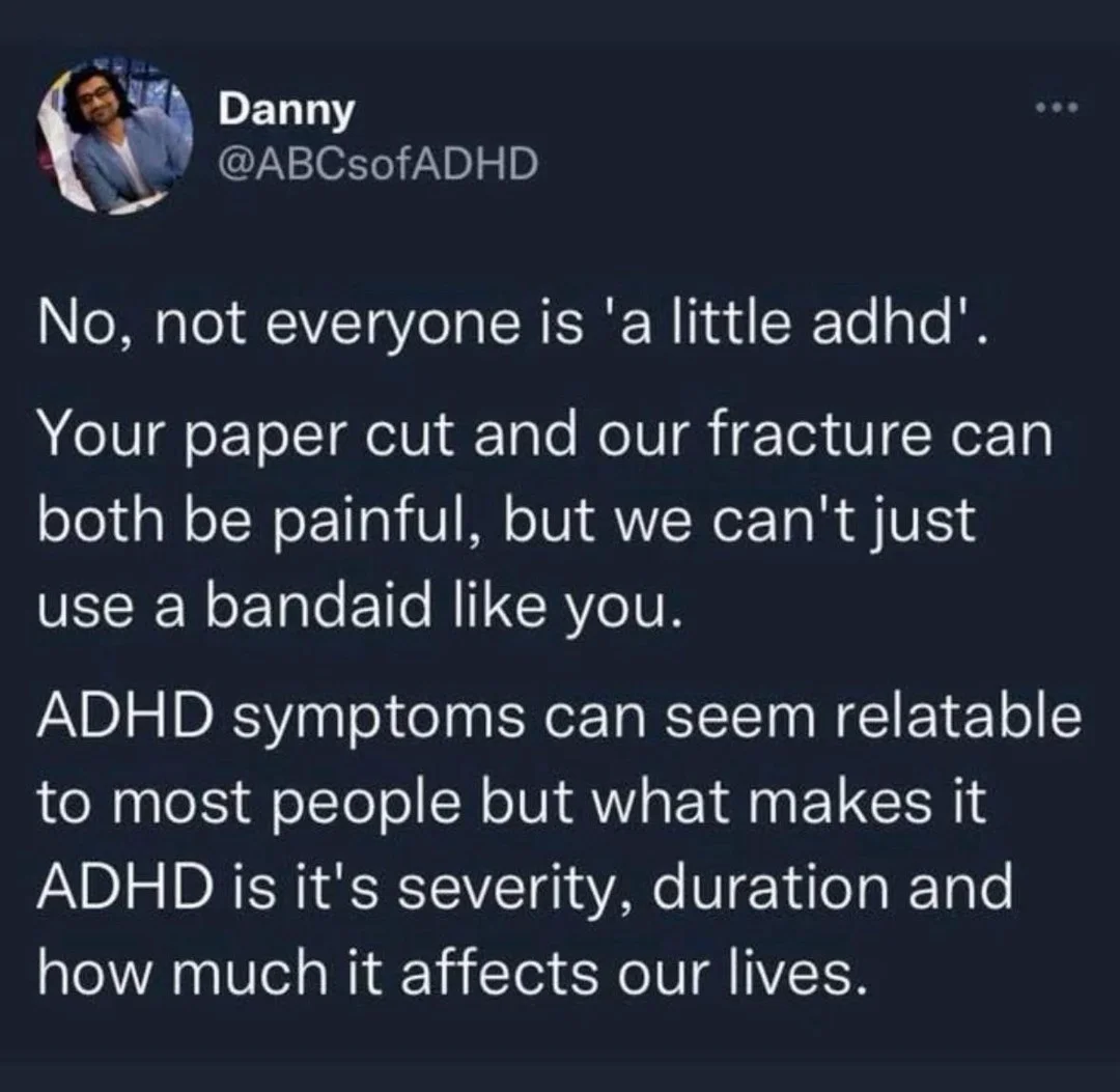 Photo by Official ADHD Memes on February 14, 2026. May be a Twitter screenshot of bandage and text that says 'Danny @ABCsofADHD No, not everyone is 'a little adhd'. Your ope paper cut and our fracture can both be painful, but we can't just use a bandaid like you. to ADHD symptoms can seem relatable most people but what makes it ADHD is it's severity, duration and how much it affects our ives,'.