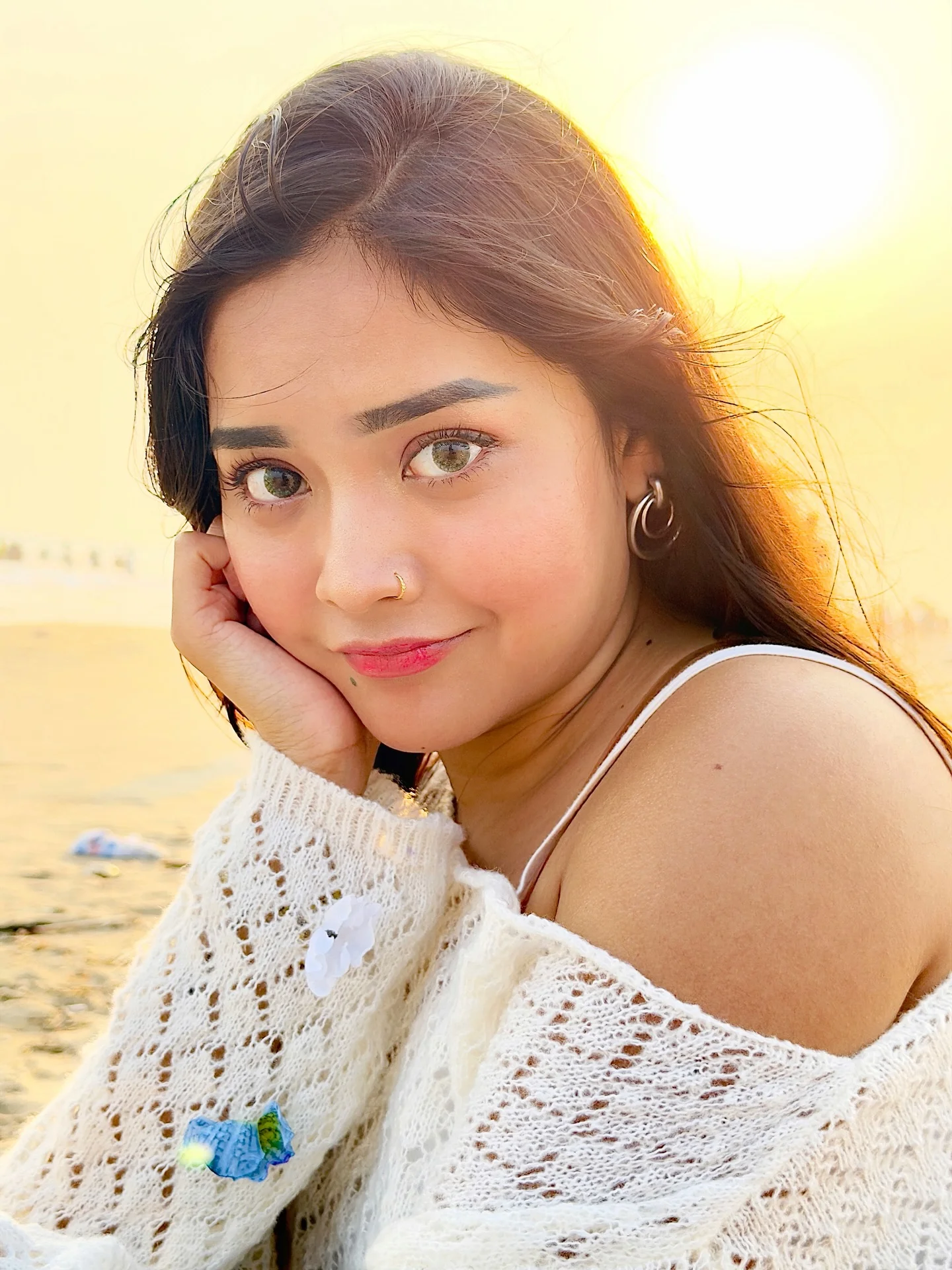Photo shared by Aimi Gogoi on February 13, 2026 tagging @aimi2.0_, and @aimiggi. May be a closeup of one or more people, makeup, hair, people smiling, beach and text.