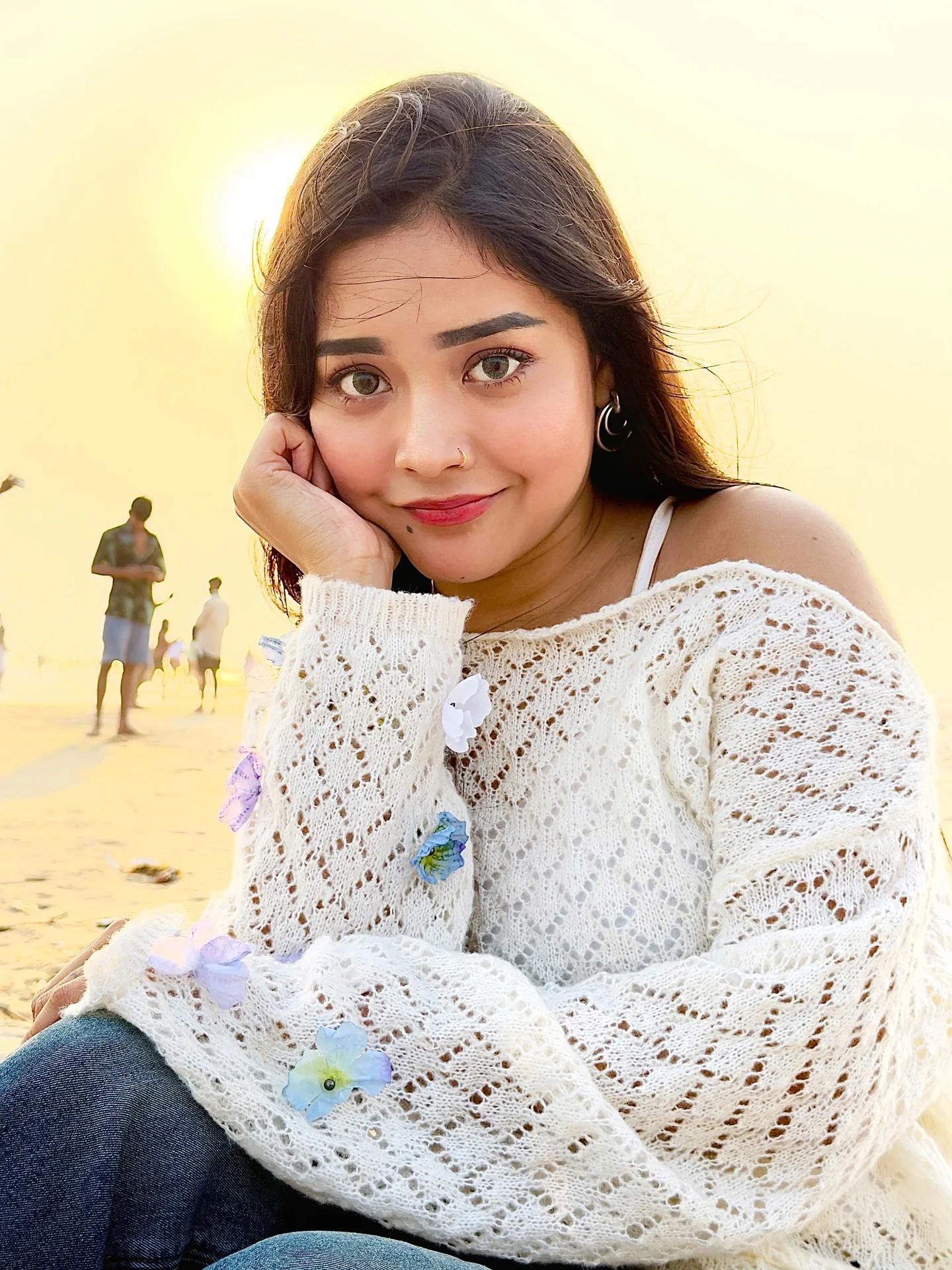 Photo shared by Aimi Gogoi on February 13, 2026 tagging @aimi2.0_, and @aimiggi. May be a selfie of one or more people, makeup, people smiling, beach, horizon, picnic and text.