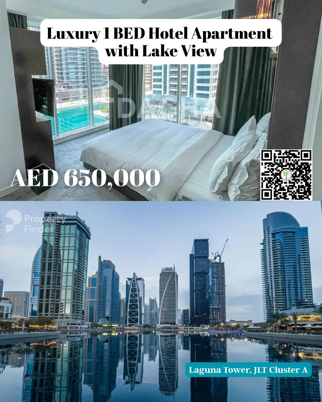 Photo by Alessia Sheglova | Dubai Real Estate on February 13, 2026. May be an image of bedroom and text that says '精0究 Luxury 1 BED Hotel Apartment with Lake View KHELLTI 出 m េញ AED 650, 650,000 Prop Property Finder Laguna Tower, JLT Cluster LagunaTower,JLICluster. A'.