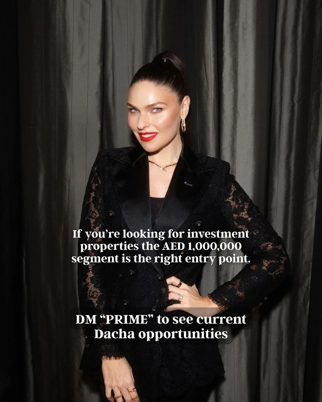 Photo by Alessia Sheglova | Dubai Real Estate on February 13, 2026. May be an image of one or more people, makeup, magazine and text that says 'If you're looking for investment properties the AED 1,000,000 segment is the egmentistherightentrypoint right entry point. DM "PRIME' to see current Dacha opportunities'.