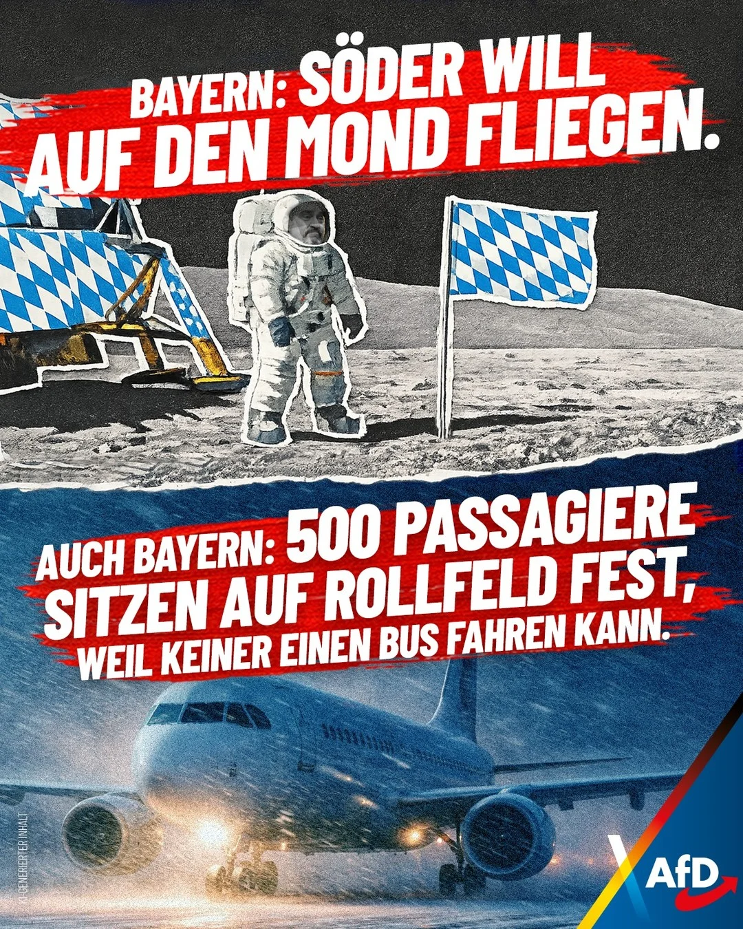 Photo by Alice Weidel on February 23, 2026. May be an image of poster, magazine and text that says 'BAYERN: SÖDER WILL AUF DEN IMOND FLIEGEN. BED MLNN AUCH BAYERN: 500 PASSAGIERE SITZEN AUF ROLLFELD FEST, WEIL KEINER EINEN BUS FAHREN KANN. AfD'.