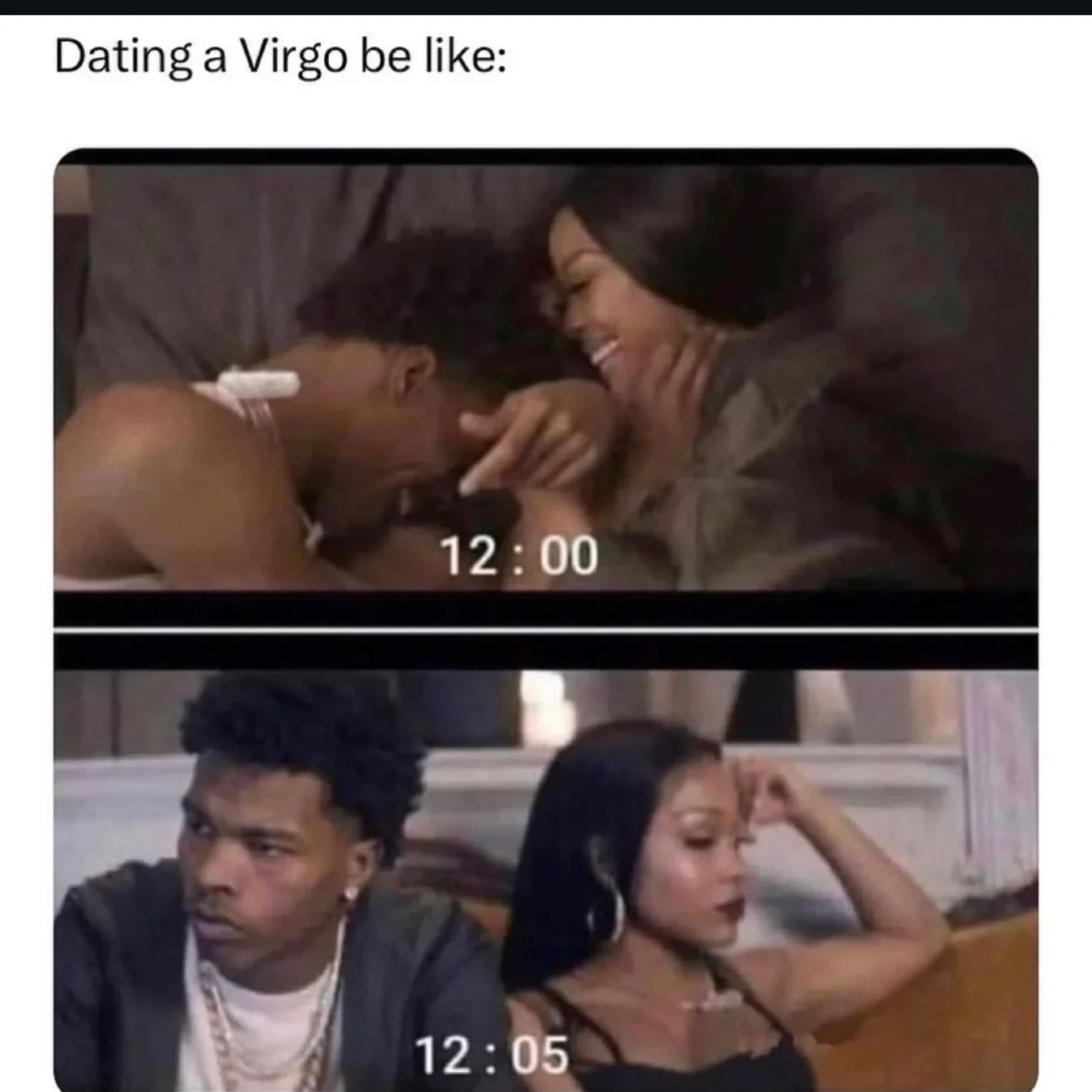 Photo by Virgo♍Facts on February 16, 2026. May be a meme of text that says 'Dating a Virgo be like: 12:00 12:00 12:05 12 05'.