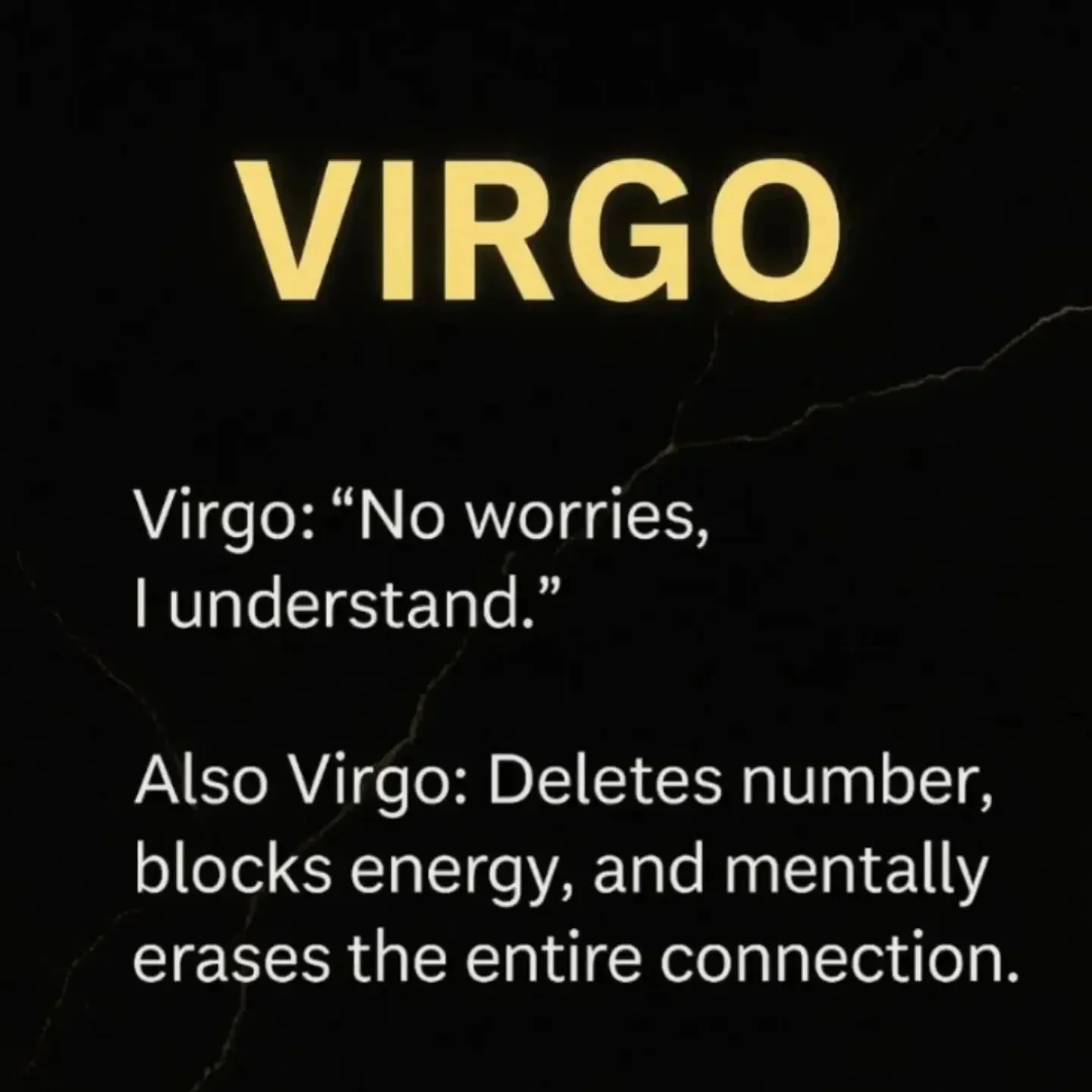Photo by Virgo♍Facts on February 21, 2026. May be a meme of text that says 'VIRGO Virgo: Virgo:"Noworries, "N worries, I understand." Also Virgo: Deletes number, blocks energy, and mentally erases the entire connection.'.