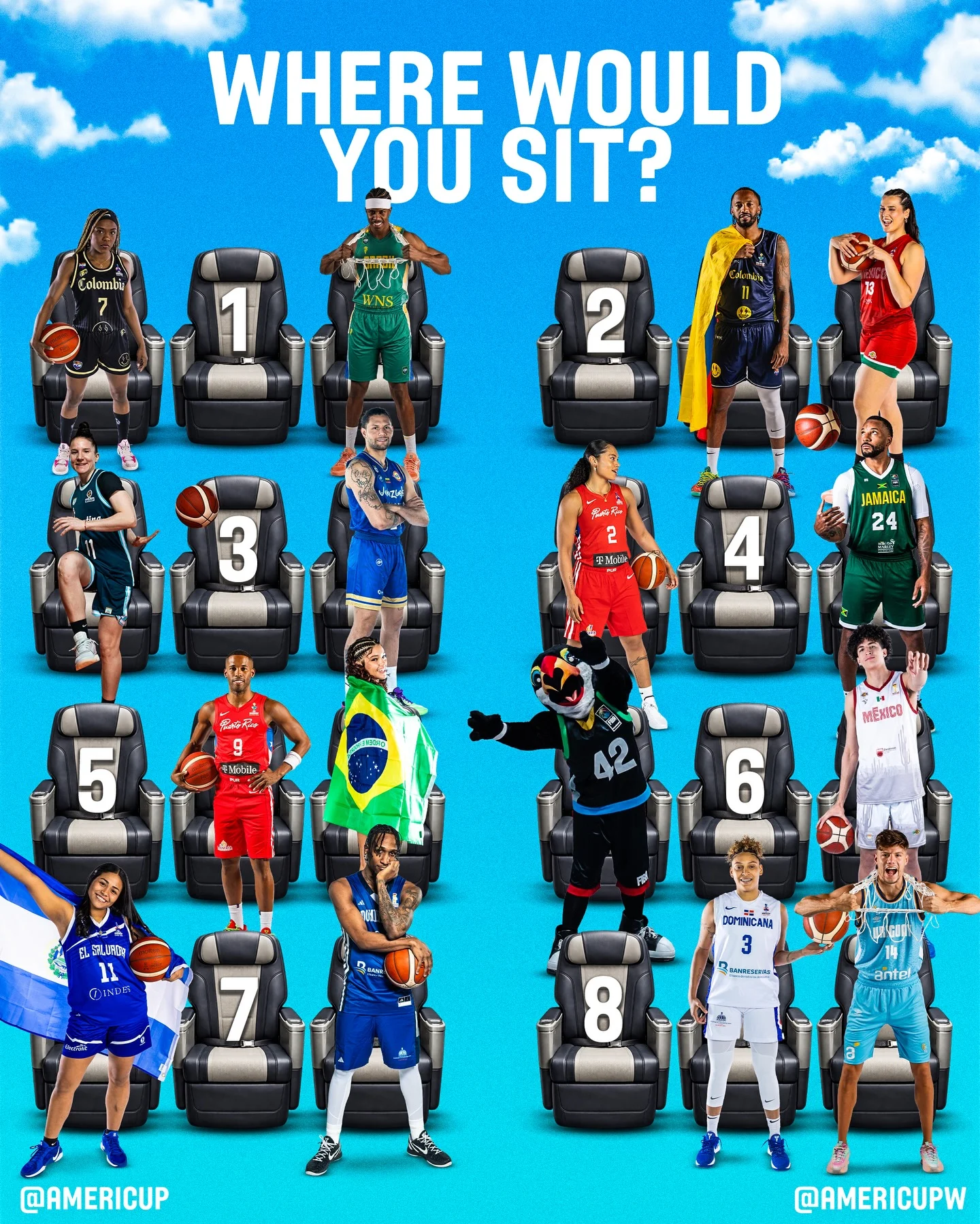 Photo shared by FIBA AmeriCup on March 13, 2026 tagging @normanpowell4, @fbpur, @24mcarrera, @angola_11, @cabboficial, @rdbseleccion, @basquetebrasil, @myriamlara13, @fedombal, @elisadominguez_, @fesabal_oficial, @meligretter11, @fubbuy, @fvb.basketball, @basketballcolombiano, @jasselperez11, @capellanc03, @jamaica_basketball, @americupw, and @ademeba_oficial. May be a cartoon of lego, poster and text.