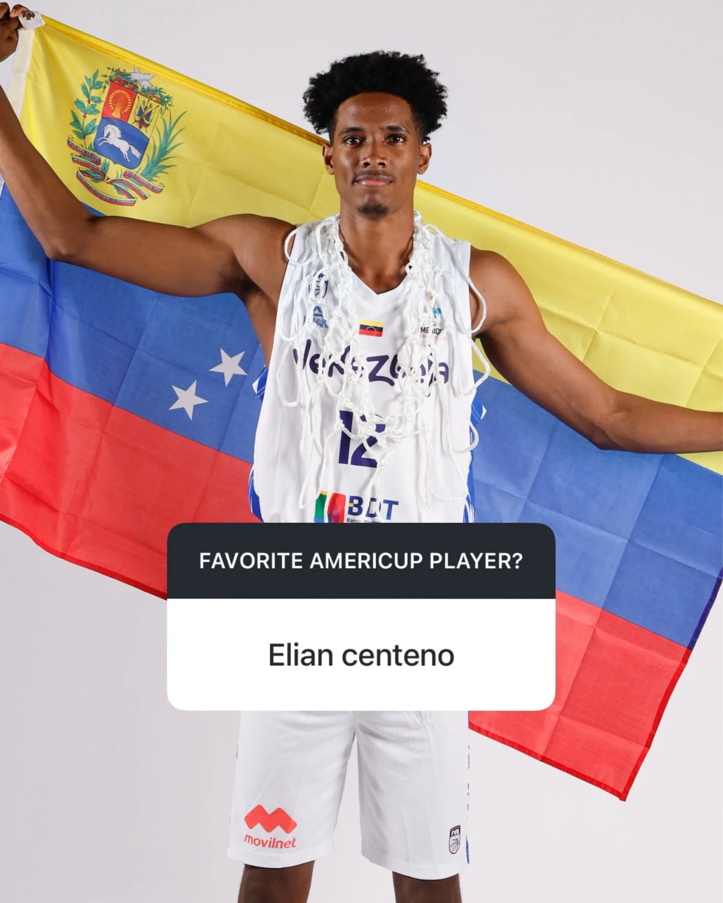 Photo shared by FIBA AmeriCup on March 16, 2026 tagging @eliancenteno08. May be an image of ‎basketball, sportswear, sports equipment, flag and ‎text that says '‎אוציגיאי ריסי Z พจ االه BLT FAVORITEAMERICUPPLAYER? FAVORITE AMERICUP PLAYER? Elian centeno movilnet movilnet‎'‎‎.