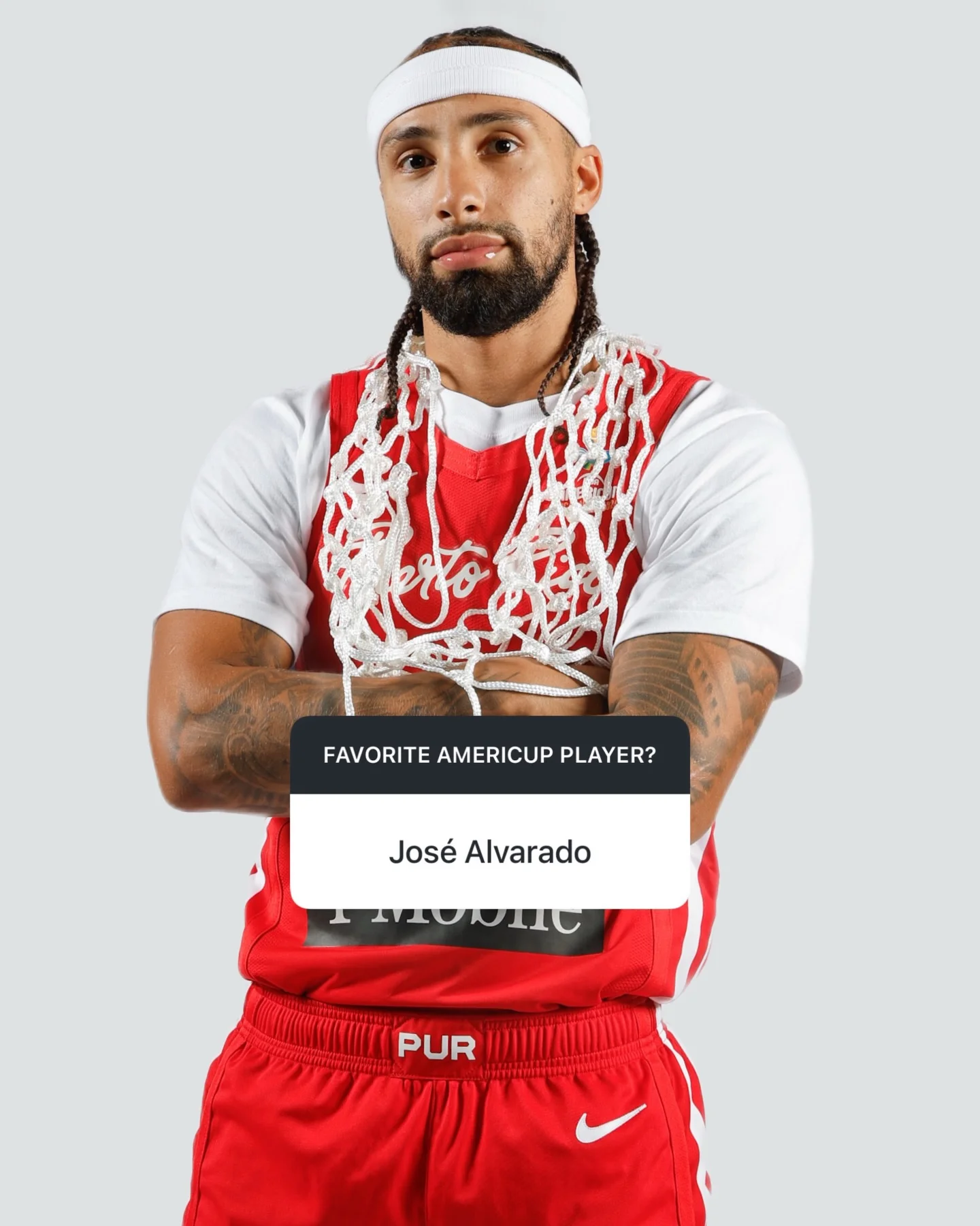 Photo shared by FIBA AmeriCup on March 16, 2026 tagging @therealgta. May be an image of basketball, basketball jersey, poster, sportswear, sweat band, ball and text that says 'FAVORITEAMERICUPPLAYER? FAVORITE AMERICUP PLAYER? José Alvarado IIONTIL PUR'.