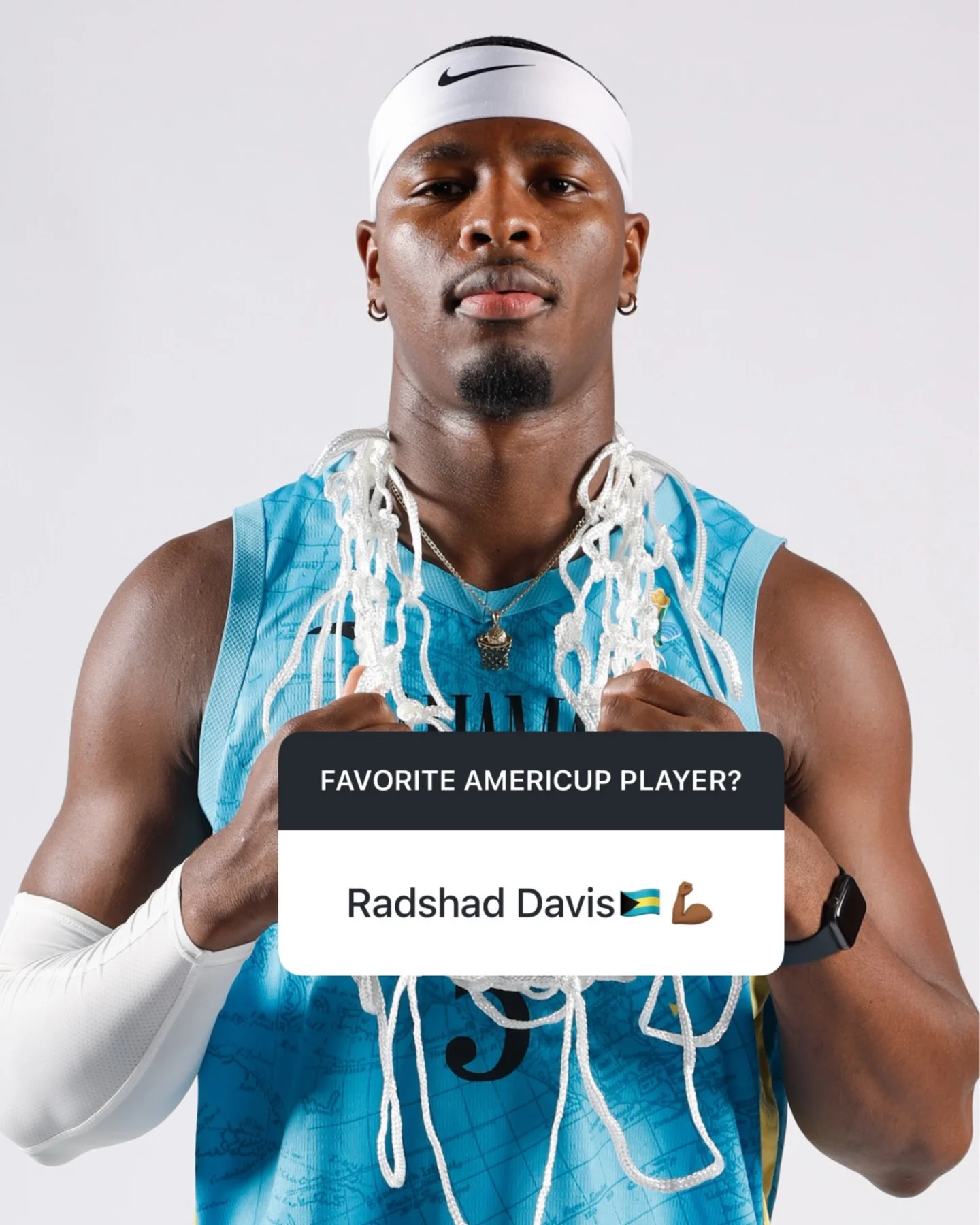 Photo shared by FIBA AmeriCup on March 16, 2026 tagging @shad242. May be an image of basketball, tennis, basketball jersey, sports equipment, sportswear, sweat band, stadium and text that says 'FAVORITE AMERICUP PLAYER? Radshad Davis'.