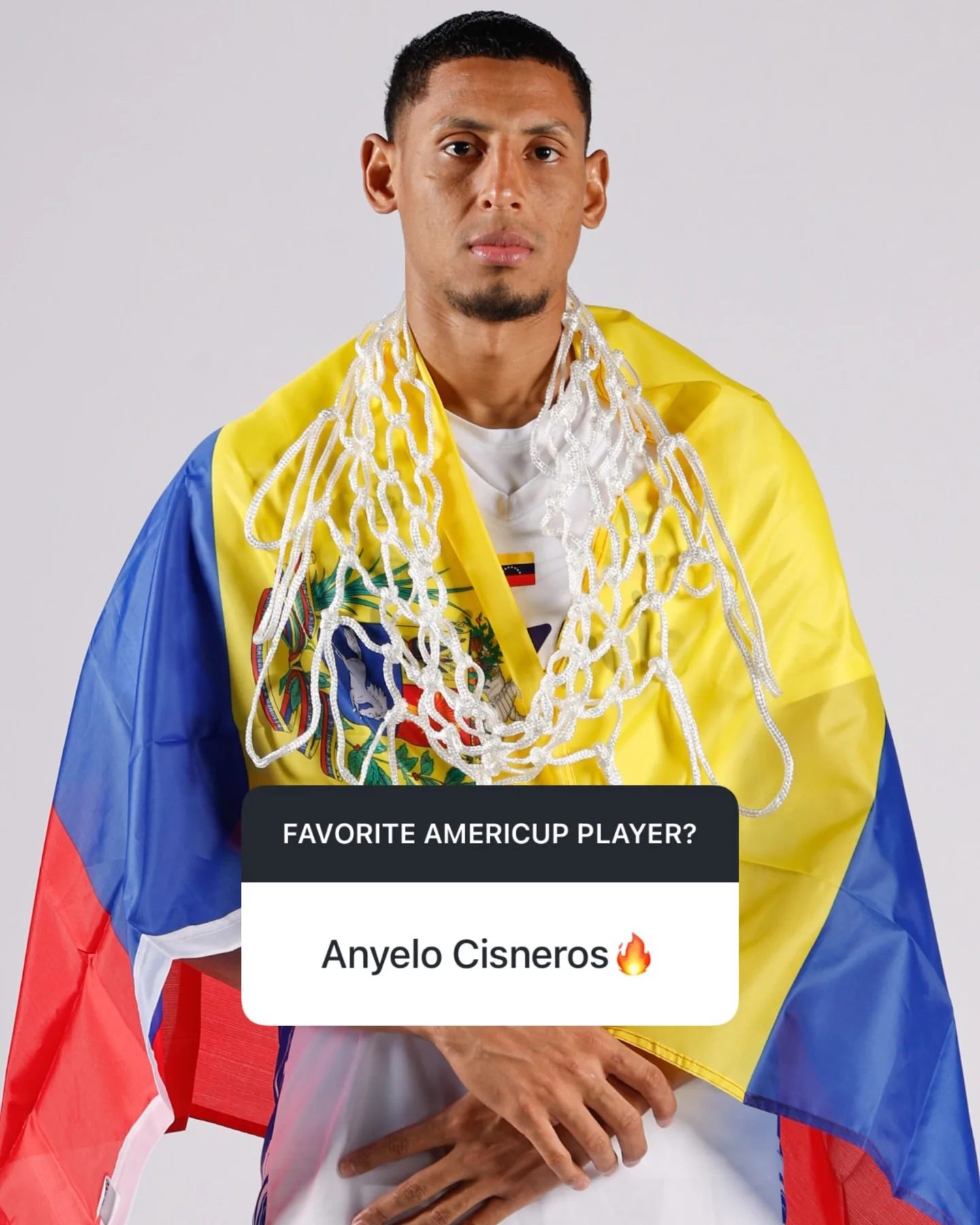 Photo shared by FIBA AmeriCup on March 16, 2026 tagging @cisneros.anyelo. May be an image of flag and text that says 'FAVORITE FAVORITEAMERICUPPLAYER? AMERICUP PLAYER? Anyelo Cisneros'.