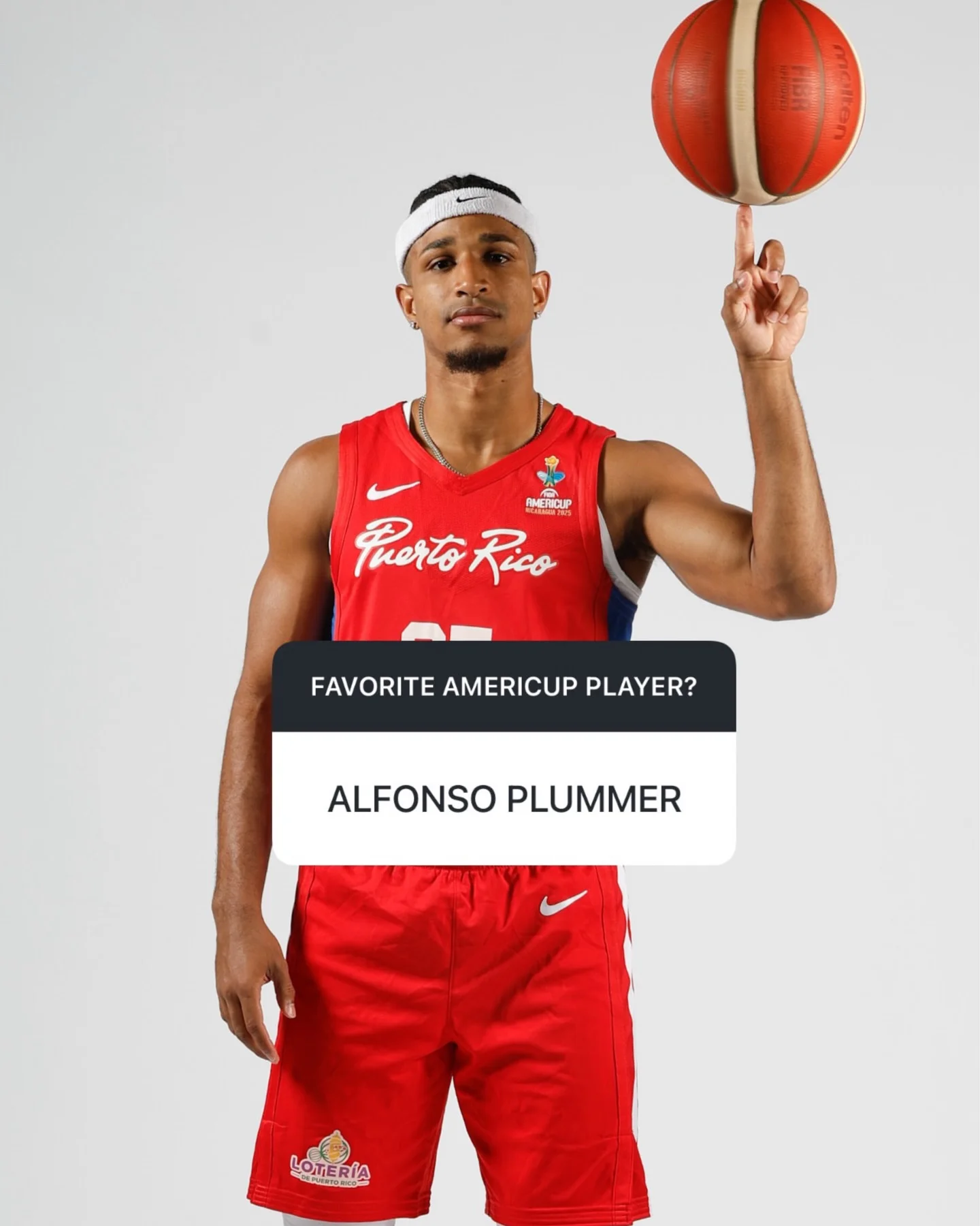 Photo shared by FIBA AmeriCup on March 16, 2026 tagging @alfonsoplummer9. May be an image of basketball, basketball jersey, sportswear, ball, sports equipment, basketball court, stadium and text that says 'AMERICUP PhertRico Rico Cherto FAVORITEAMERICUPPLAYER FAVORITE AMERICUP PLAYER? ALFONSO PLUMMER LOTERIA IA IIE OTERÍA'.