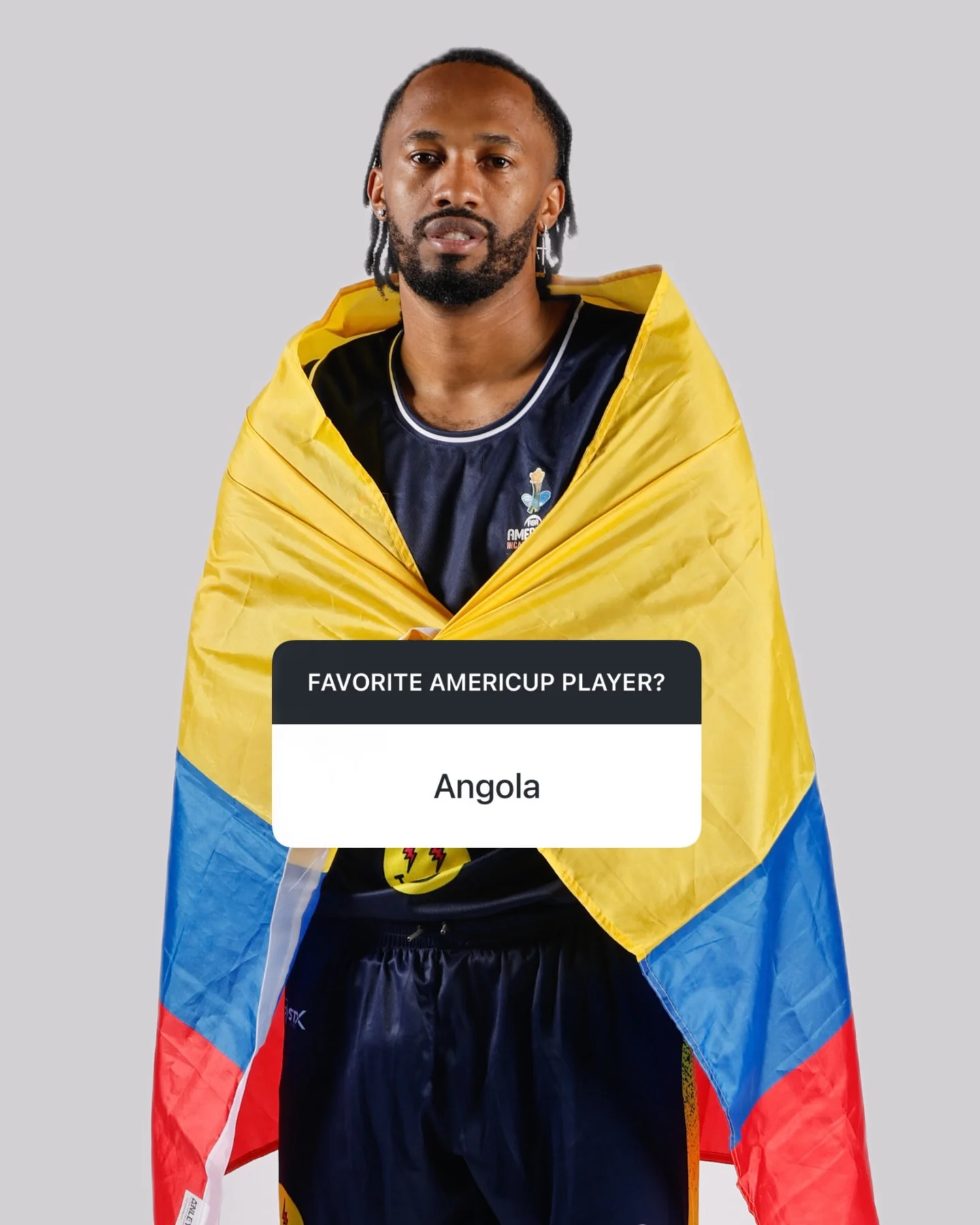 Photo shared by FIBA AmeriCup on March 16, 2026 tagging @angola_11. May be an image of sports equipment, sportswear, flag, poster and text that says 'FAVORITE AMERICUP FAVORITEAMERICUPPLAYER? PLAYER? Angola'.