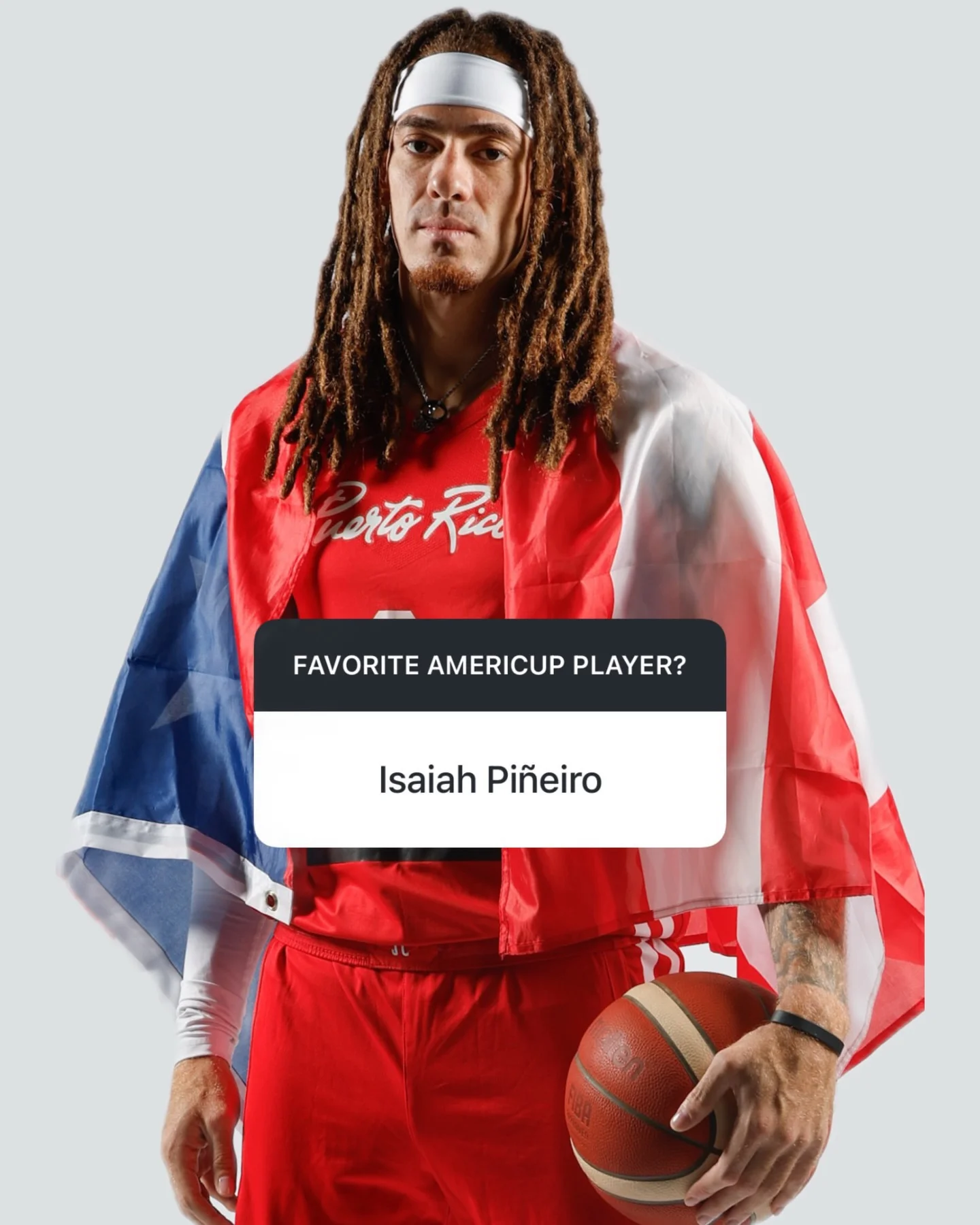 Photo shared by FIBA AmeriCup on March 16, 2026 tagging @redpineiro. May be a graphic of football, basketball, sweat band, sportswear, magazine, ball, poster, sports equipment and text that says 'rtRia FAVORITE AMERICUP PLAYER? Isaiah Piñeiro'.