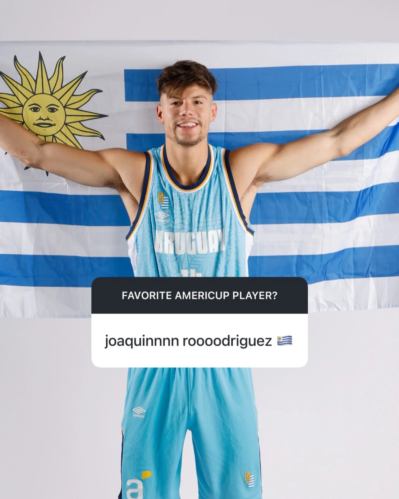 Photo shared by FIBA AmeriCup on March 16, 2026 tagging @joacor.14. May be an image of basketball, sports equipment, sportswear, flag and text that says 'RUGUA FAVORITE AMERICUP PLAYER? joaquinnnn joaquinnnroooodriguez roooodriguez umbra a 生'.