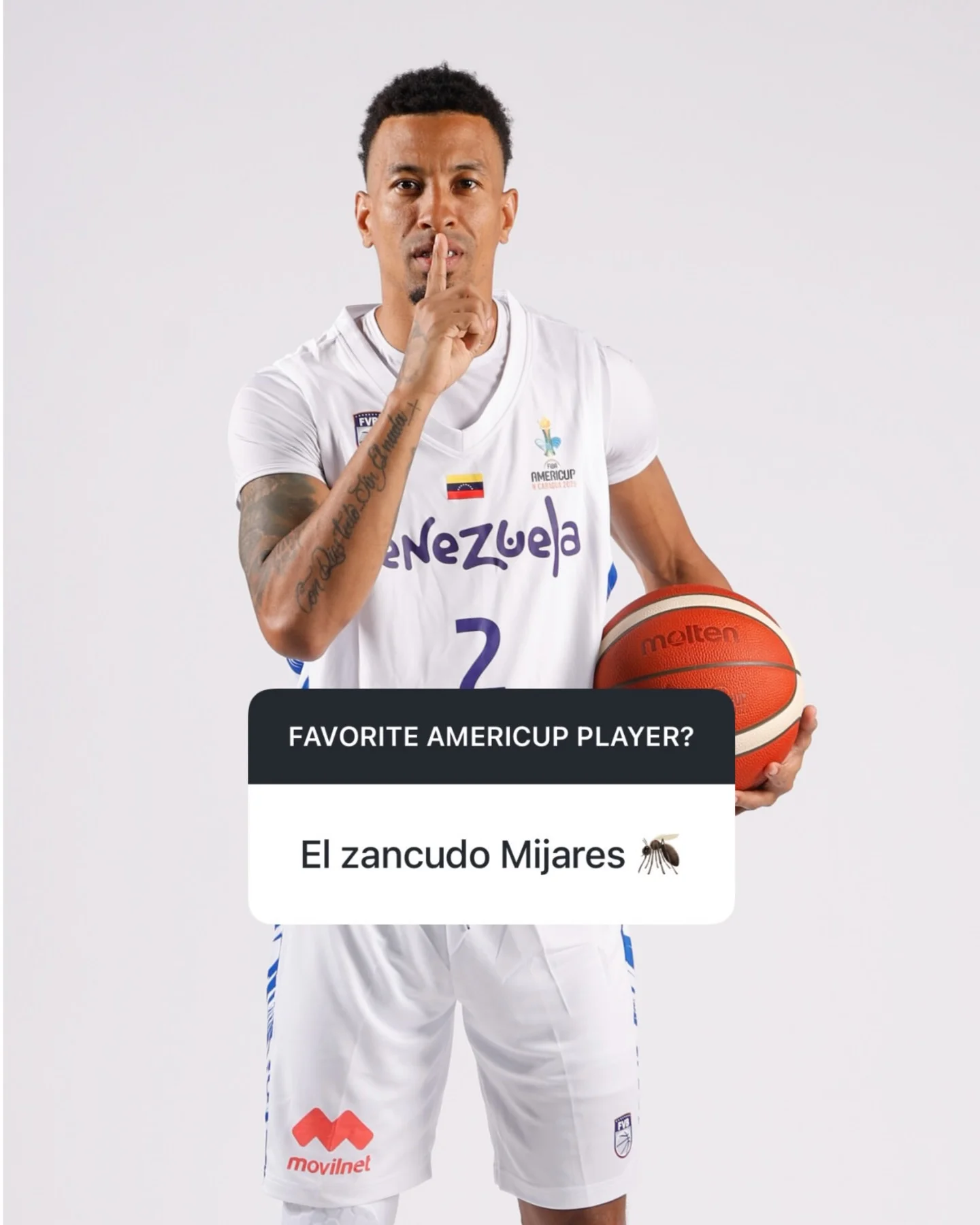 Photo shared by FIBA AmeriCup on March 16, 2026 tagging @edwin_zancudo02. May be an image of football, basketball, ball, sports equipment, stadium and text that says 'EVP PMERICUP eNezuela 2 FAVORITEAMERICUPPLAYER? FAVORITE AMERICUP PLAYER? molten El zancudo Mijares movilnet 내크'.