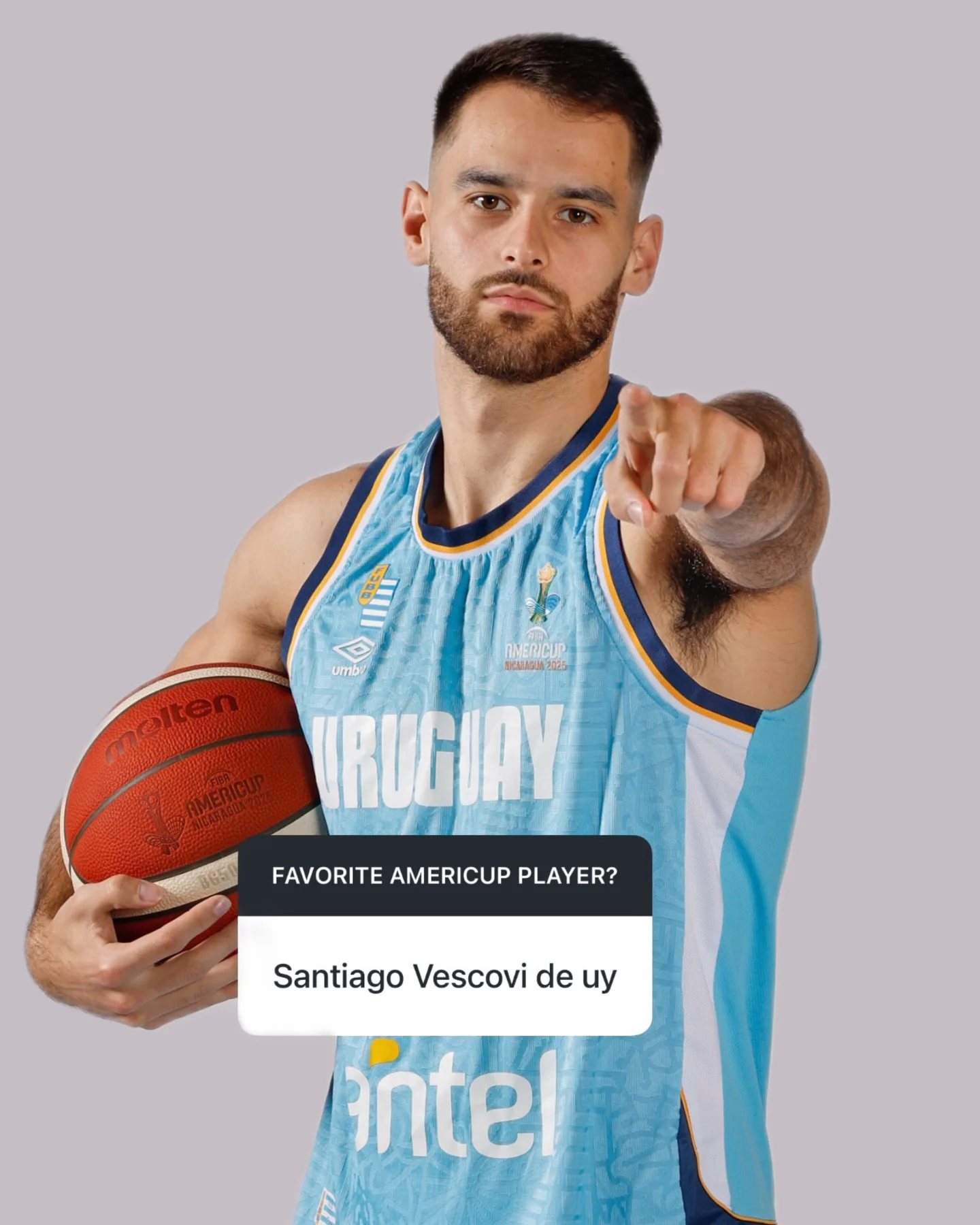 Photo by FIBA AmeriCup on March 16, 2026. May be an image of basketball, football, ball, sports equipment and text that says 'molten E ERICUP umb: BOMM 005 URUGIAY FAVORITE AMERICUP PLAYER? Santiago Vescovi de uy intel'.