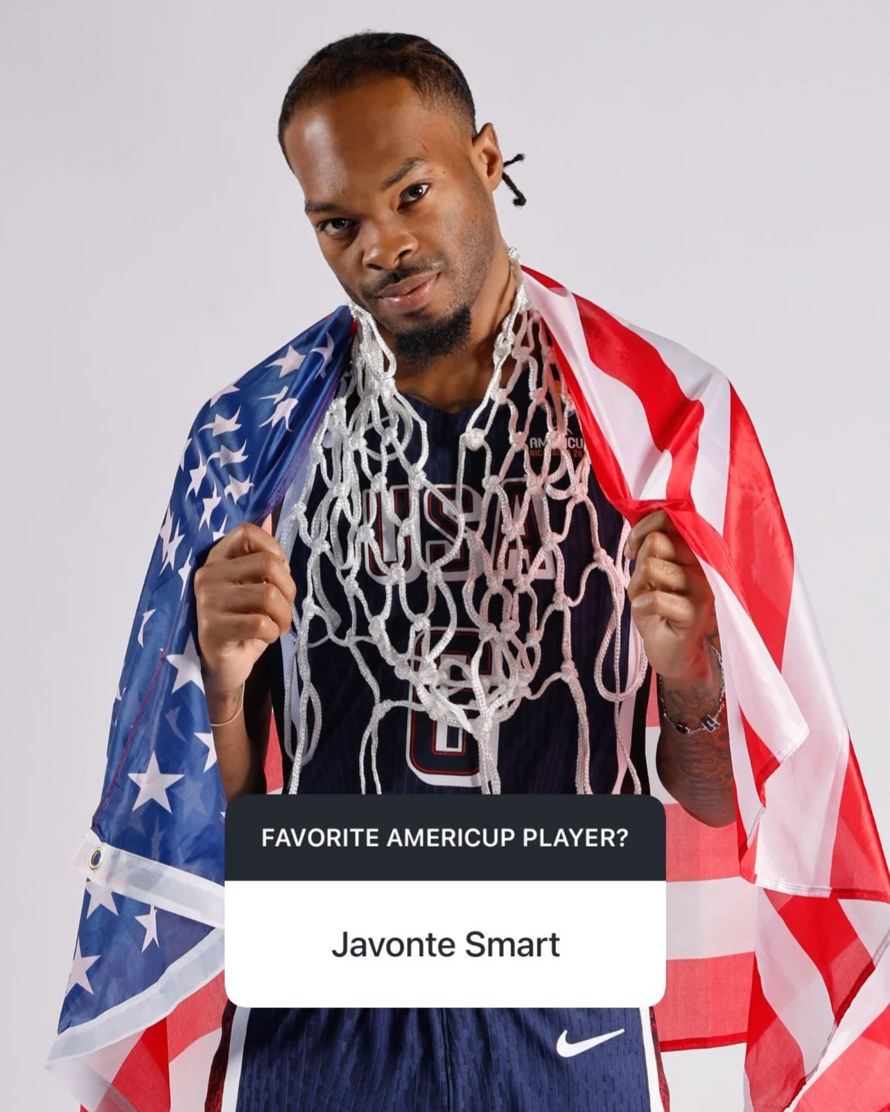 Photo by FIBA AmeriCup on March 16, 2026. May be an image of basketball, basketball jersey, magazine, sportswear, poster, flag, basketball court and text that says 'FAVORITEAMERICUPPLAYER? FAVORITE AMERICUP PLAYER? Javonte Smart'.