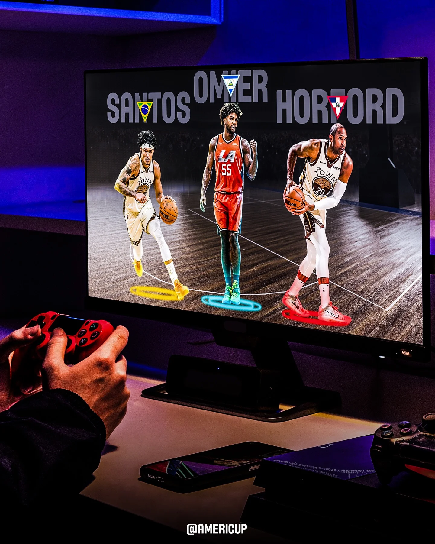 Photo shared by FIBA AmeriCup on March 03, 2026 tagging @alhorford, @rdbseleccion, @basquetebrasil, @fedombal, @guisantos_4, @nbalatam, @norchad_omier, and @selebasketni. May be an image of screen, videogame controller, poster and text that says 'SANTOS SA SADTOSONWERHORYORD SANTOSOMER HORFORD HOR ORD LA 55 k TOW @AMERICUP'.