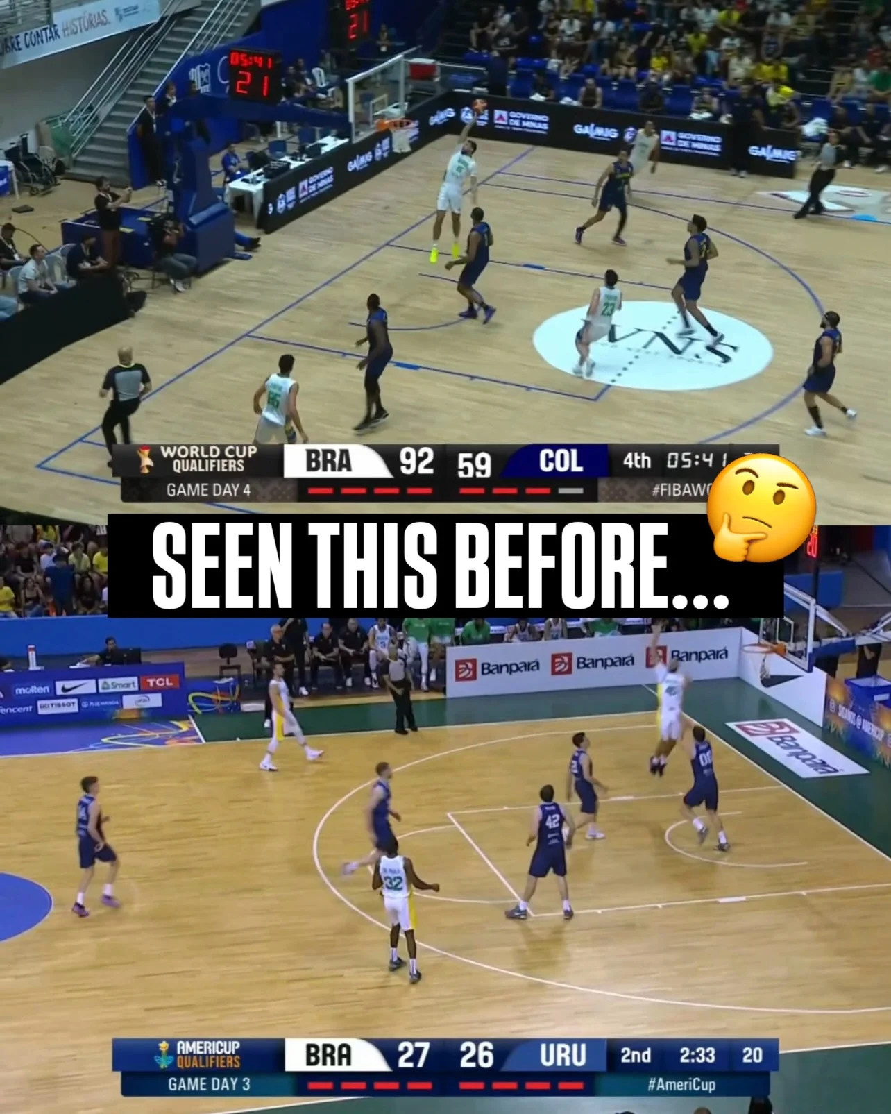 Photo shared by FIBA AmeriCup on March 09, 2026 tagging @basquetebrasil, and @maozinha_45. May be an image of basketball, ball, scoreboard, backboard, basketball court and text that says 'CUNTAR HS STURAS. S 뽀날일이 05:41 ሁቅ GALAIS รุโทน ANTa 스.! GALMNG BRA 92 9259 59 COL WORLD CUP QUALIFIERS GAME DAY #FIBAWO SEEN THIS BEFORE... 4th05:4 4th 05:41 malten ncent MITIRNOT Smart TCL ဃ 团 Banpara ジ Banpara Ranpara チ SANIGA AMERICUP GAME DAY 3 BRA 27 2726 26 URU 2nd 2:33 20 #AmeriCup'.