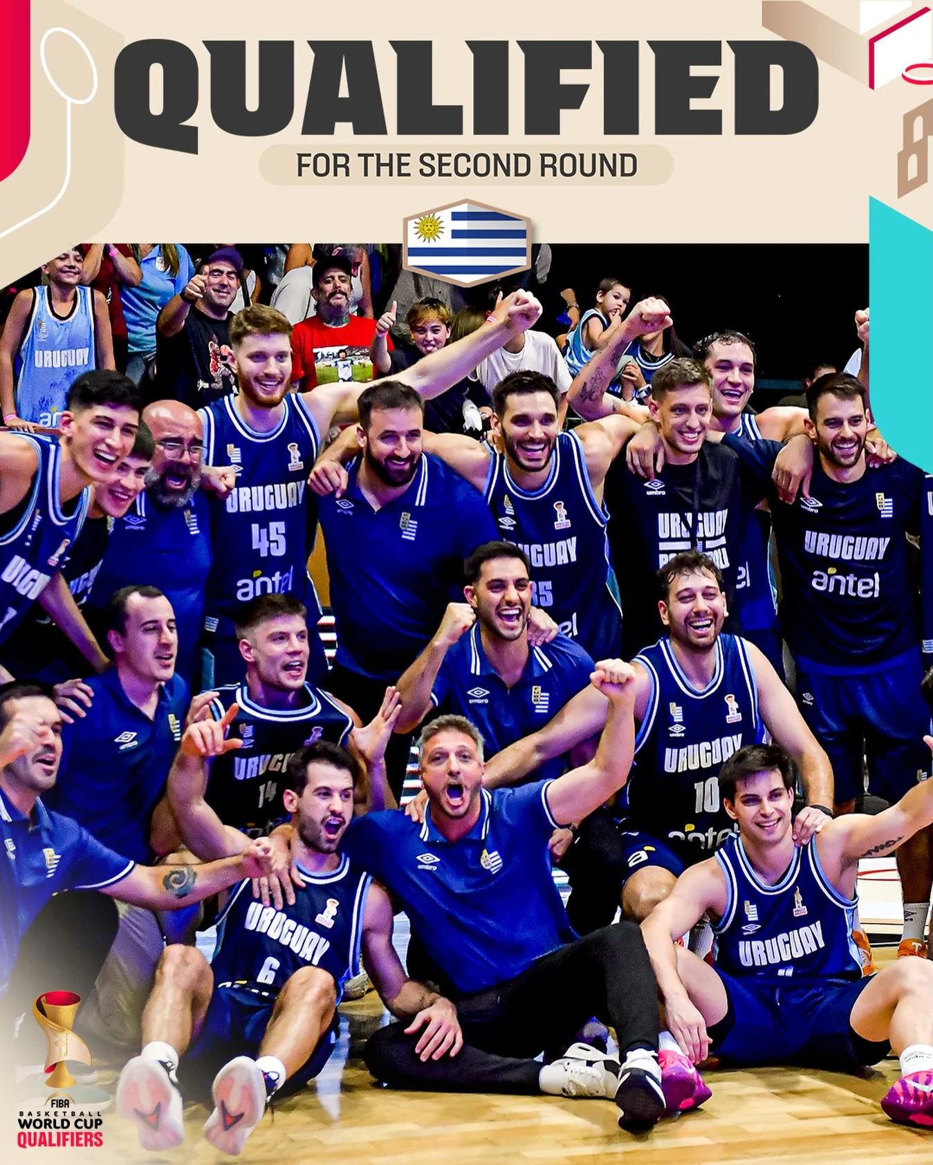 Photo shared by FIBA Basketball World Cup on March 02, 2026 tagging @americup, and @fubbuy. May be an image of volleyball, soccer, poster, sports equipment and text that says 'QUALIFIED FOR THE SECOND ROUND URUGURY MI JRUGURY 45 anta - Ii 尘 GUAY 5 URUGURY antel HTT 一 星 WITT URUGODY 10 UROGUAY URUGURI FIBA WORLD CUP QUALIFIERS'.