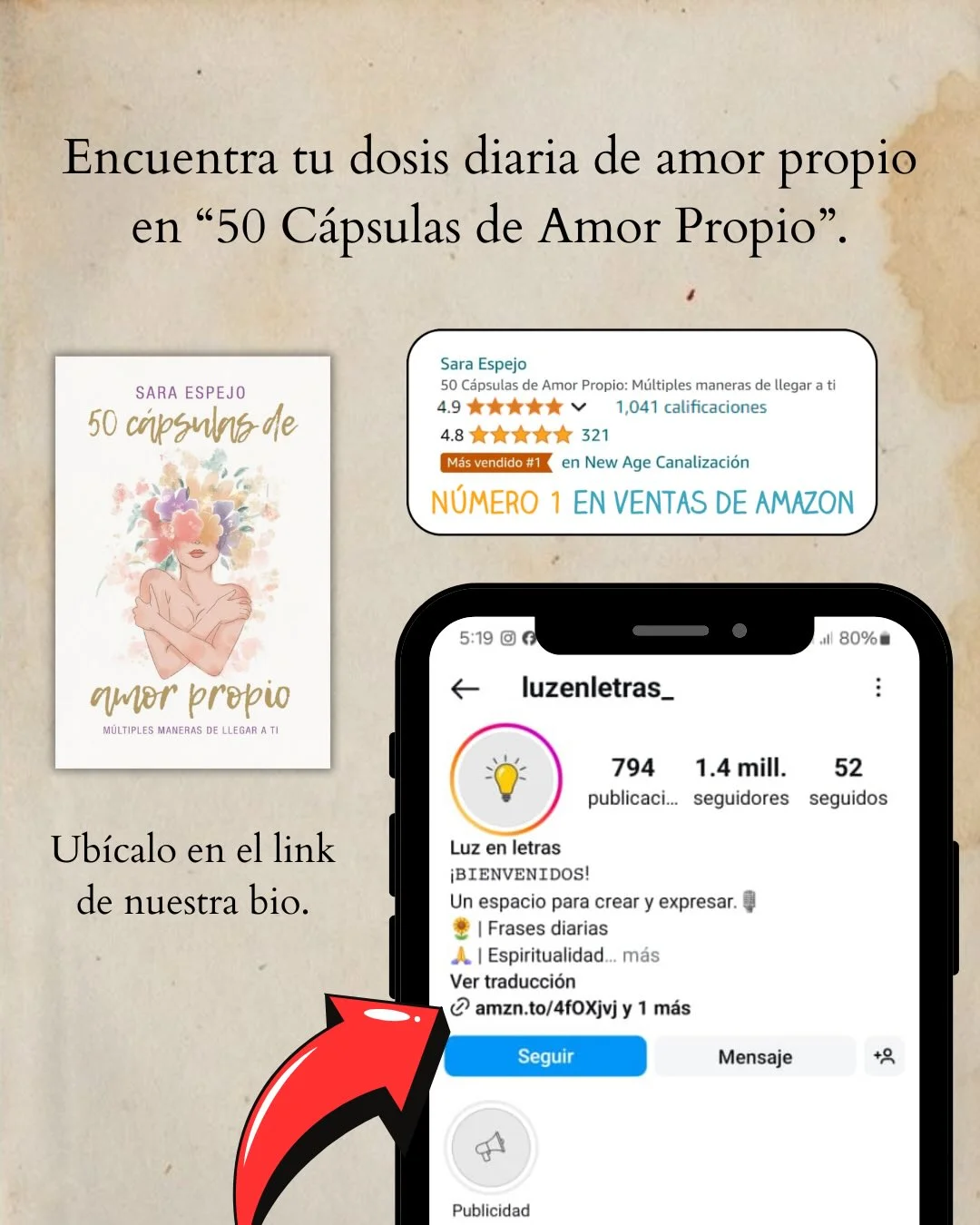 Photo by Luz en letras on February 13, 2026. May be a meme of ‎bread, poster and ‎text that says '‎Encuentra tu dosis diaria de amor propio en "50 Cápsulas de Amor Propio". SARA ESPEJO 50 ήρξινς de 4.8 Más Másvendido#1 Sara Espejo Cápsulas Amor Propio: Múltiples maneras llegar ti 1,041 calificaciones 321 en New Age Canalización NUMERO 1 EN VENTAS DE AMAZON 5:19 nwor propio MULTIPLES MANERAS Dr した古 TI ام 80% luzenletras_ 794 1.4 mill. publicaci... seguidores Ubícalo en el link de nuestra bio. 52 seguidos Luz en letras ¡BIENVENIDOS! Un espacio para crear diarias ای Espiritualidad.. Ver traducción amzn.to/4foXjvjy 1 más expresar. Seguir Mensaje +0 A Publicidad‎'‎‎.