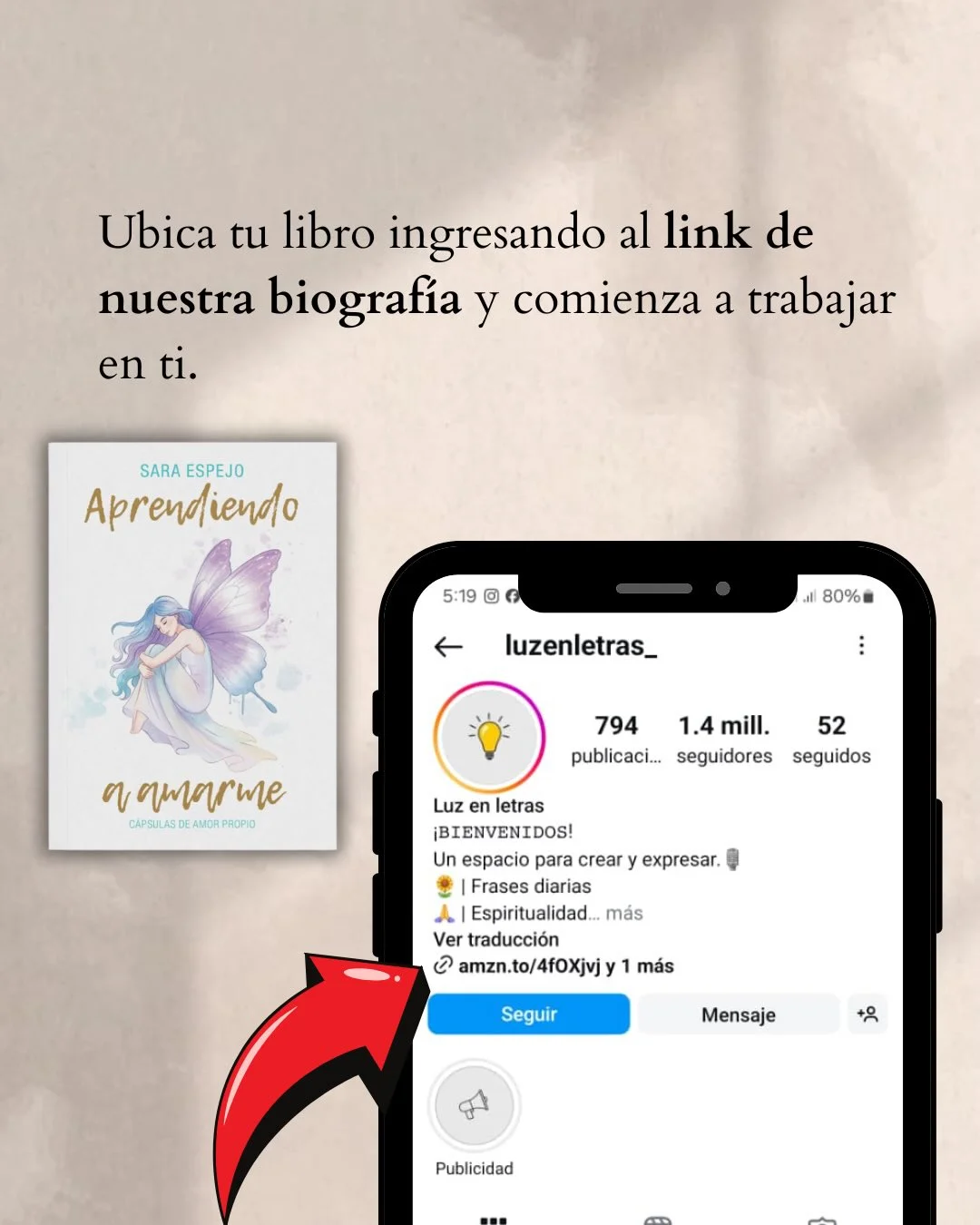 Photo shared by Luz en letras on February 15, 2026 tagging @luzenletras_. May be a doodle of sink, poster and text that says 'Ubica τι libro ingresando al link de nuestra biografía y comienza a trabajar en ti. SARA ESPEJO Aprendiendo 5:19 ® 80% luzenletras_ a nawarTe CAPSILASDER CAPSULASDEAMORPROPIO AMOR PROPIO CAPSULAS 794 1.4 mill. publicaci... seguidores 52 seguidos Luz en letras ¡BIENVENIDOS! Un espacio para paracre crear . |Frases Frasesdiarias diarias Espiritualidad... más Ver traducción amzn.to/4f0Xjvjy 1 más Seguir Mensaje +0C Publicidad'.